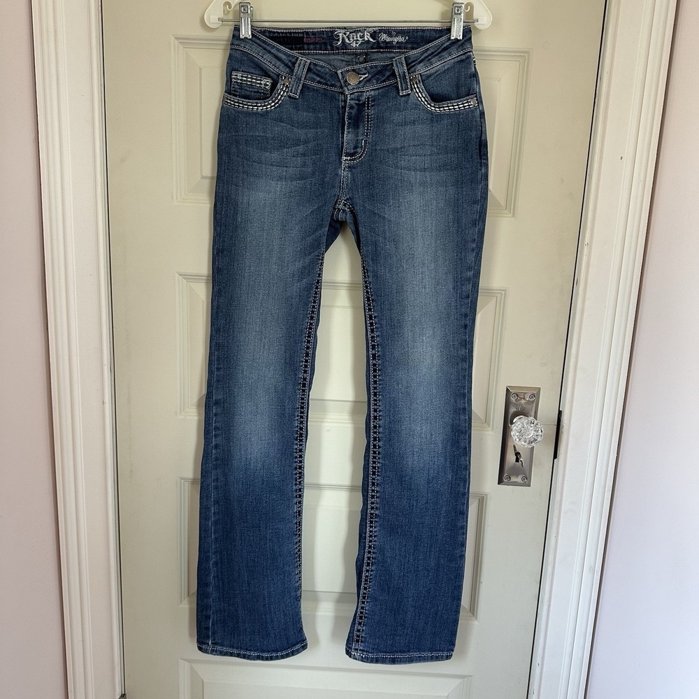 Wrangler Rock 47 Jeans Cowgirl Western‎ Boot Cut Low Rise Med Wash Stretch 27X32